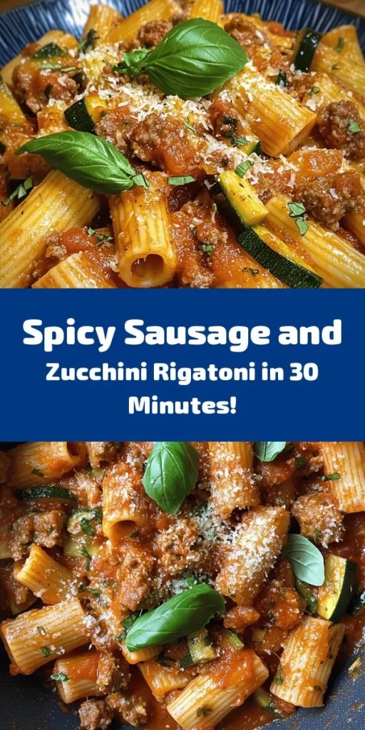Looking for a delicious way to spice up your dinner? Try this Spicy Sausage & Zucchini Rigatoni! With just a handful of ingredients like rigatoni, Italian sausage, and fresh zucchini, you can whip up a mouthwatering meal in only 30 minutes. This recipe features savory sausage, tender vegetables, and a hint of spice, all combined into a hearty pasta dish. Perfect for a weeknight dinner! Don't forget to top it with fresh basil and Parmesan for extra flavor.