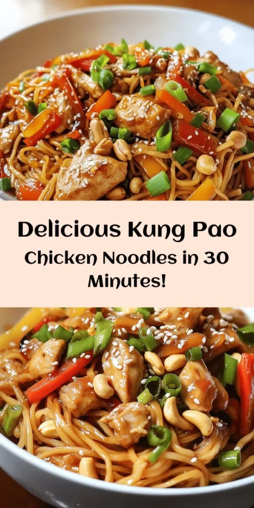 Indulge in this delicious Kung Pao Chicken Noodles recipe that beautifully combines tender chicken, colorful vegetables, and egg noodles in a savory sauce. With hints of garlic, ginger, and a little kick from dried chilies, it's perfect for spice lovers. Tossed with roasted peanuts for crunch and garnished with sesame seeds, this one-skillet meal is both quick to prepare and loaded with flavor. Perfect for weeknight dinners!