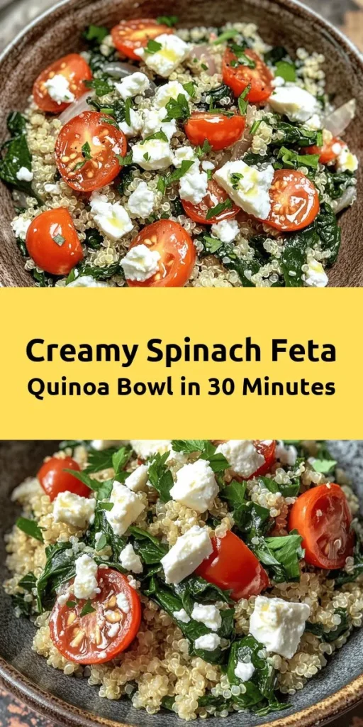 Elevate your meal prepping with this Quick & Creamy Spinach & Feta Quinoa Bowl! Packed with nutrient-rich ingredients like fresh spinach, crumbled feta, and juicy cherry tomatoes, this dish is easy to make and incredibly satisfying. With just 30 minutes of prep, it's perfect for a healthy lunch or dinner. Enjoy the delightful flavors of olive oil, garlic, and lemon juice that bring it all together. Store leftovers in the fridge for a tasty meal anytime!