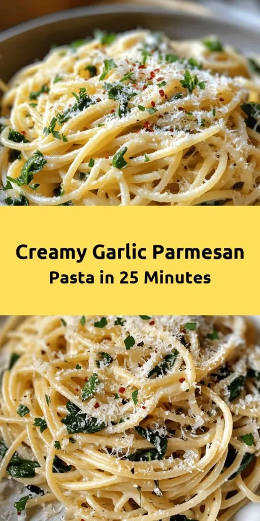 Savor the rich and creamy goodness of Garlic Parmesan Pasta Delight! This quick and easy recipe combines al dente spaghetti with a heavenly garlic butter sauce, heavy cream, and freshly grated Parmesan cheese, all elevated with a kick from red pepper flakes. Toss in some baby spinach for a pop of color and nutrition, and finish it off with fresh parsley. Perfect for a cozy dinner or a weeknight treat. Enjoy this delicious dish in just 25 minutes!