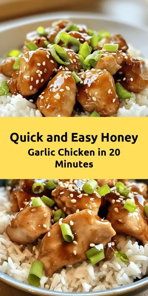 Whip up this delicious 20-Minute Honey Garlic Chicken Deluxe for a quick and tasty meal! With bite-sized chicken thighs coated in a sweet and savory honey-soy sauce enriched with garlic and ginger, it's perfect for busy weeknights. Simply sauté the chicken, add the sauce, and let it thicken for a glossy finish. Garnish with green onions and sesame seeds, and serve over cooked rice or noodles. Quick, easy, and oh-so-satisfying!