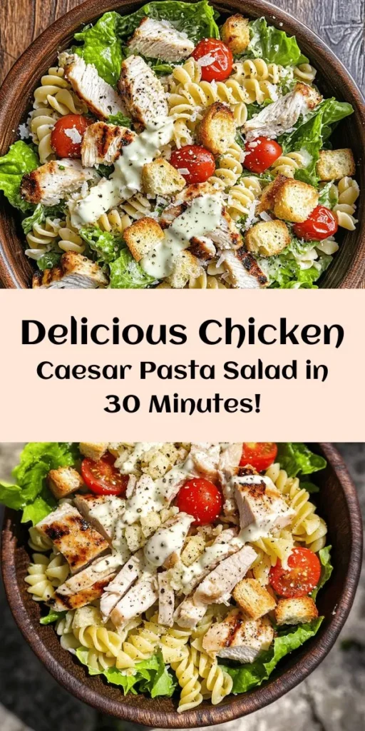 This Chicken Caesar Pasta Salad is the perfect blend of flavors and textures for a delicious meal. With hearty rotini pasta, grilled chicken, fresh romaine, and the tangy kick of Caesar dressing, it’s a refreshing take on a classic. Ready in just 30 minutes, it’s an easy dish to whip up for lunch or dinner. Plus, the addition of crunchy croutons makes every bite delightful! Serve it chilled and enjoy a satisfying bowl of goodness!