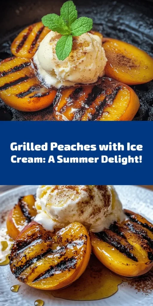 Indulge in the perfect summer treat with these delicious grilled peaches topped with creamy vanilla ice cream. Simply brush halved peaches with a mix of olive oil, honey, and cinnamon before grilling them to perfection. The charred goodness pairs beautifully with a scoop of ice cream and a drizzle of honey. This easy recipe takes just 20 minutes to prepare, making it a delightful dessert for warm evenings. Garnish with fresh mint for a touch of freshness!