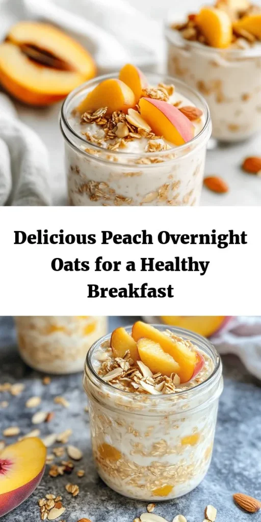Start your mornings right with these healthy overnight oats featuring sweet, juicy peaches! Packed with rolled oats, almond milk, creamy Greek yogurt, and nutritious chia seeds, this easy recipe takes just 10 minutes to prepare. Simply mix, refrigerate overnight, and wake up to a delicious breakfast that's good for you. Top with extra peaches, nuts, or granola for a satisfying crunch. Perfect for meal prep and breakfast on the go! Enjoy cold or warm for a cozy start to your day.