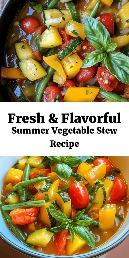 Enjoy the vibrant flavors of summer with this Savory Summer Vegetable Stew! Packed with fresh vegetables like zucchini, bell pepper, and sweet cherry tomatoes, this hearty dish comes together in just 40 minutes. Sautéed in olive oil with aromatic garlic and herbs, it's not only delicious but also nutritious. Perfect for a quick weeknight dinner or a cozy weekend meal, serve it hot and garnish with fresh basil for an extra burst of flavor. Ideal for everyone looking to celebrate seasonal produce!