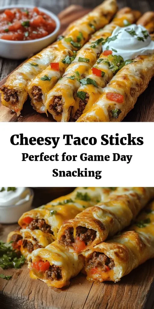Create a tasty snack with these Cheesy Taco Sticks! Made with ground beef or turkey, vibrant veggies, and two kinds of cheese, they're perfect for any gathering. Wrapped in delicious pizza dough and baked to golden perfection, these sticks are easy to make and sure to be a hit. Serve them with salsa and sour cream for a fun twist on taco night. Enjoy a flavorful treat that's ready in just 40 minutes!