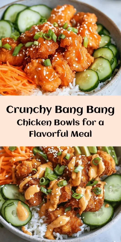 Get ready to indulge in these delicious Bang Bang Chicken Bowls! This recipe features crispy, breaded chicken coated in a flavorful, creamy Bang Bang sauce, served over a bed of fluffy jasmine rice. With fresh veggies like shredded carrots, cucumbers, and avocado, plus garnishes that add the perfect finishing touch, you'll have a meal that's as vibrant as it is tasty. Perfect for a family dinner or meal prep! Enjoy the crunch and burst of flavors!