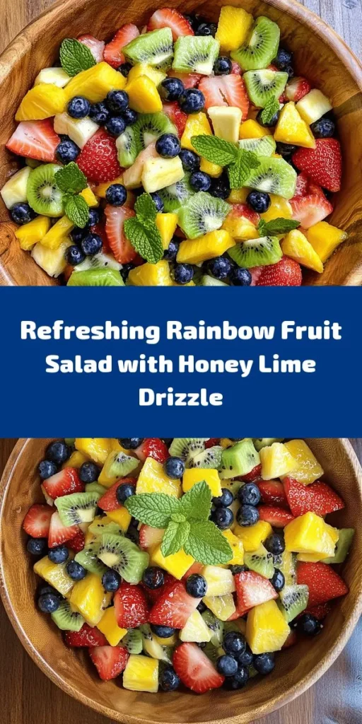 Brighten up your day with this vibrant Rainbow Fruit Salad drizzled with a delightful honey lime dressing! Packed with fresh strawberries, blueberries, pineapple, kiwi, mango, and banana, this colorful dish is not only visually appealing but also bursting with flavor. Perfect for a healthy snack or a refreshing side for any meal. Add a touch of mint for extra freshness, and enjoy this easy 15-minute recipe that serves 6! Ideal for summer picnics or quick family desserts!
