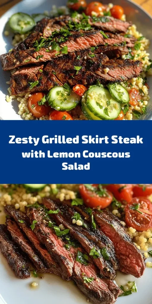Enjoy a vibrant and flavorful meal with this Grilled Skirt Steak paired with Lemon Herb Couscous Salad! Marinated in a zesty blend of olive oil, garlic, lime, and spices, the juicy steak is grilled to perfection. The refreshing couscous salad, loaded with cherry tomatoes, cucumber, and fresh herbs, complements the steak beautifully. Perfect for summer gatherings or a family dinner, this dish is sure to impress with its bright flavors and easy preparation.