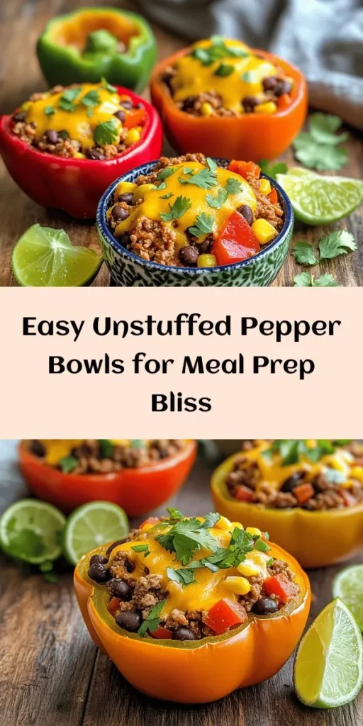 Looking for a healthy and delicious meal prep idea? Try these Unstuffed Pepper Bowls! Packed with ground turkey, bell peppers, black beans, and spices, this one-pan dish is easy to make and perfect for busy weeknights. In just 30 minutes, you can have four hearty servings ready to go. Top with your favorite cheese and fresh cilantro for added flavor. Great for lunch or dinner, these bowls stay fresh in the fridge for up to 5 days. Enjoy the taste of stuffed peppers without the fuss!