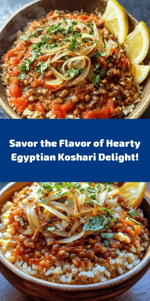 Discover the flavors of Egypt with this hearty Koshari recipe! This one-pot dish features a delightful mix of brown lentils, rice, and pasta, topped with caramelized onions and a rich tomato sauce seasoned with cumin and paprika. It's vegetarian, filling, and perfect for sharing. Ready in just under an hour, Koshari is sure to become a family favorite. Don't forget to squeeze some fresh lemon juice on top for an extra zing! Enjoy this delicious comfort food!