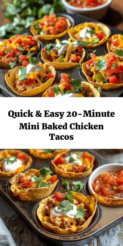 Craving a quick and tasty dinner? Try these 20 Minute Mini Baked Chicken Tacos! With a flavorful blend of ground chicken, bell peppers, and spices, these bite-sized tacos are a hit. Simple and fun to make, they come together in just 20 minutes. Stuff mini tortillas with the savory filling, bake until crispy, and top with cheese. Serve with salsa and sour cream for an irresistible treat. Perfect for parties or a family meal!