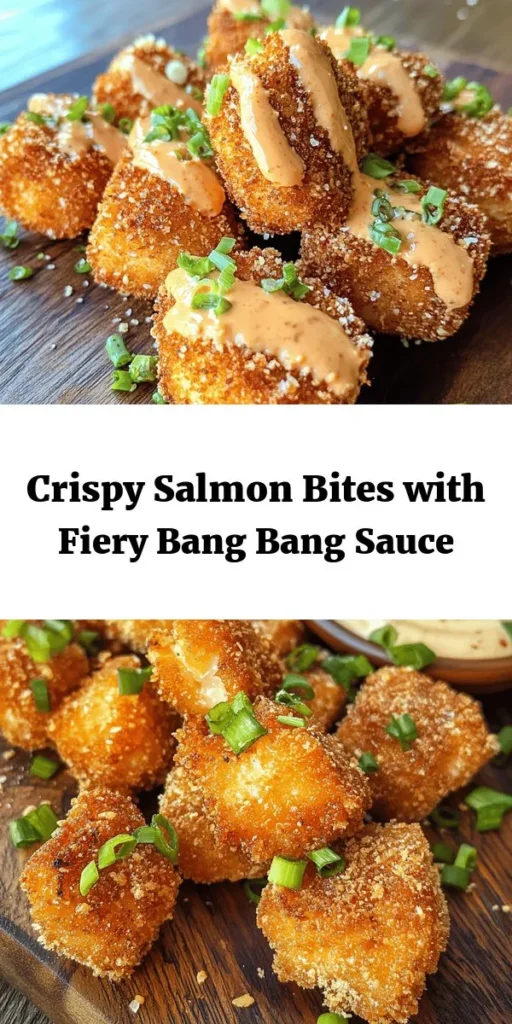 Get ready to satisfy your cravings with these Crispy Bang Bang Salmon Bites! Made with fresh salmon, crispy panko breadcrumbs, and a delicious Bang Bang sauce, this easy recipe is perfect for a quick appetizer or a fun dinner. Simply bread and fry the salmon bites until golden brown, then serve with a creamy sauce that has a kick. Garnish with green onions for a fresh touch. Perfect for seafood lovers looking for a tasty treat!