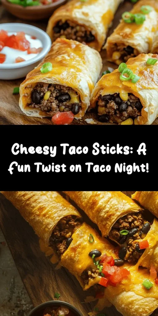 Treat yourself to these Cheesy Taco Sticks that are perfect for game day or a quick weeknight dinner! Using crescent roll dough, you'll fill them with seasoned ground beef, beans, corn, tomatoes, and melty cheddar cheese. Just roll them up, brush with egg wash, and bake until golden. Serve with salsa and sour cream for the ultimate dipping experience. Easy to make and full of flavor, they're a fun twist on traditional tacos! Enjoy!