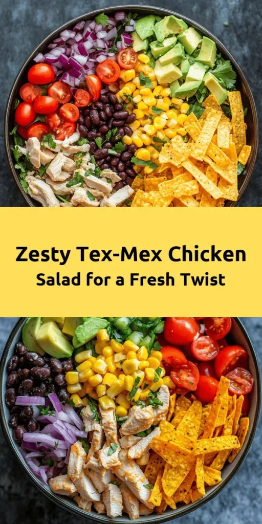 Brighten up your meal with this Zesty Tex-Mex Chopped Chicken Salad! Loaded with nutrient-rich ingredients like tender chicken, black beans, corn, and creamy avocado, this salad is as delicious as it is colorful. Tossed in a zesty lime dressing with a hint of cumin and chili powder, it’s perfect for lunch or dinner. Top with crunchy tortilla strips for an extra kick! Quick to prepare and packed with flavor, this recipe serves 4-6. Enjoy fresh, vibrant flavors today!