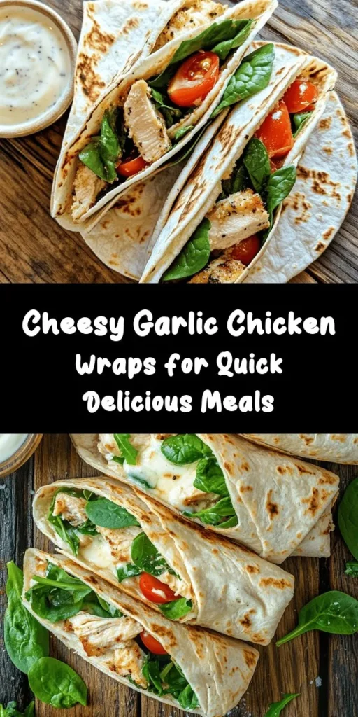 Get ready for a flavor-packed meal with these Cheesy Garlic Chicken Wraps! Juicy chicken marinated in garlic and Italian seasoning is paired with melty mozzarella and tangy Parmesan cheese. Fresh spinach and cherry tomatoes add a burst of color and nutrition to each bite. Easy to make and perfect for lunch or dinner, these wraps are golden brown and crispy on the outside, with a delicious cheesy filling inside. Serve with ranch dressing for an extra zing!