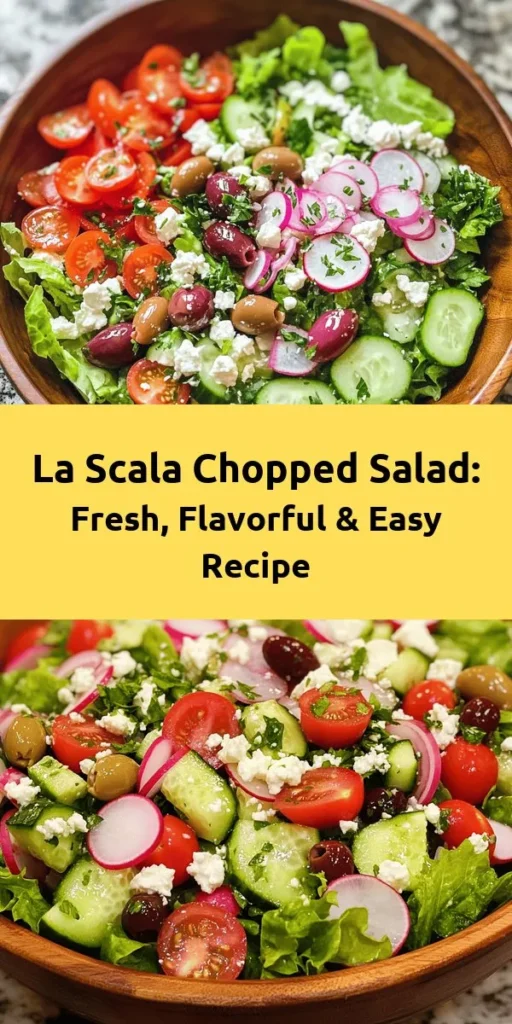 Make your mealtime vibrant with this Famous La Scala Chopped Salad! This refreshing mix of romaine lettuce, cherry tomatoes, cucumbers, radishes, and garbanzo beans is bursting with flavor. Add some Kalamata olives and crumbled feta for that extra zing, and toss it all together with a simple homemade dressing of olive oil, red wine vinegar, and Dijon mustard. Perfect as a side dish or a light main, this salad is quick to prepare and sure to impress. Enjoy the delicious crunch!
