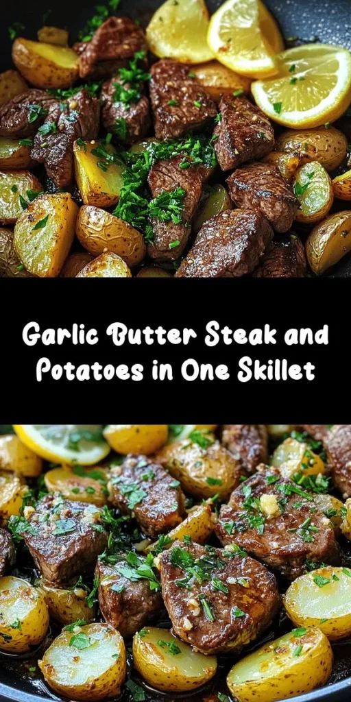 Indulge in this mouthwatering Garlic Butter Steak and Potatoes Skillet that's sure to impress! With tender sirloin steak and golden baby potatoes, this dish is bursting with flavor from garlic, thyme, and rosemary. It's quick to prepare, taking just 35 minutes from start to finish, making it perfect for a busy weeknight dinner. Garnish with fresh parsley and serve with lemon wedges for a delightful touch. Enjoy your savory creation!