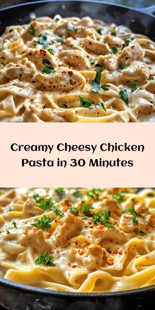 Indulge in this Creamy Cheesy Chicken Pasta Delight that's a perfect weeknight meal for the whole family! This easy recipe combines tender chicken with al dente fettuccine or penne, all enveloped in a rich and creamy sauce made with garlic, chicken broth, and loads of melted cheese. Finished with a sprinkle of fresh parsley, it's as delicious as it is comforting. Ready in just 30 minutes, it’s sure to become a family favorite!