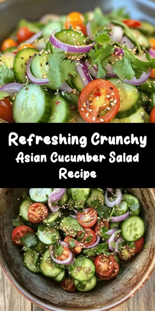 This Crunchy Asian Cucumber Salad is a refreshing and vibrant side dish perfect for any meal! With crisp cucumbers, juicy cherry tomatoes, and a zesty dressing made from rice vinegar, soy sauce, and sesame oil, it’s bursting with flavor. Toss in some cilantro and toasted sesame seeds for added crunch. Ready in just 25 minutes, it’s the ideal dish for summer gatherings or a light lunch. Enjoy chilled or at room temperature!
