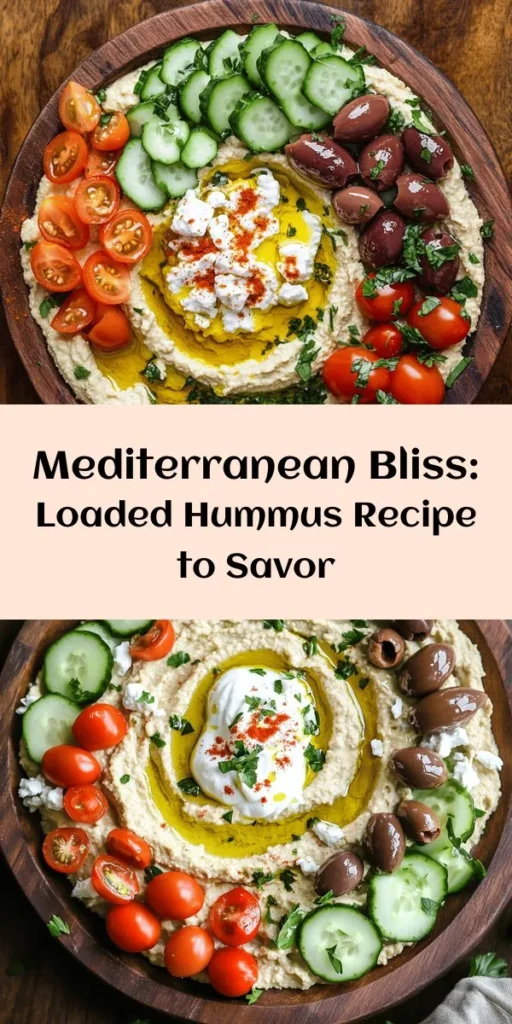 Discover the vibrant flavors of the Mediterranean with this Loaded Hummus recipe! Packed with protein from chickpeas and enriched with creamy tahini, it makes a perfect appetizer or snack. Topped with refreshing cucumber, juicy cherry tomatoes, briny olives, and tangy feta, each bite is a taste sensation. Ready in just 15 minutes, this colorful dish is perfect with pita or veggies. Elevate your next gathering with this delightful blend of textures and tastes!