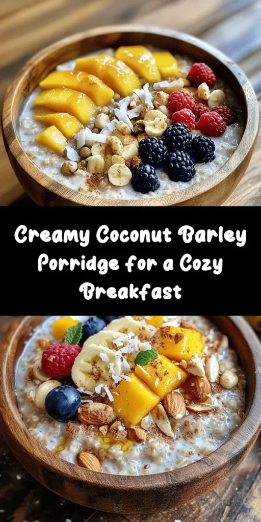 Start your day with this deliciously creamy Coconut Barley Porridge that's perfect for breakfast or brunch! Made with pearl barley, rich coconut milk, and a hint of sweetness from maple syrup or honey, this hearty dish is both comforting and nourishing. Top it off with your favorite fresh fruits, crunchy nuts, and optional toasted coconut flakes for an extra treat. Enjoy a healthy and satisfying meal with minimal effort! Perfect for sharing and fueling your day.