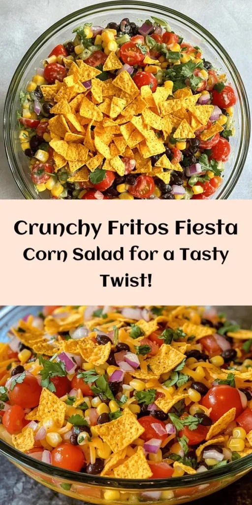 Looking for a fun and delicious side dish? Try this Crunchy Fritos Fiesta Corn Salad! Packed with fresh ingredients like corn, cherry tomatoes, and bell peppers, it's a colorful treat for any gathering. The creamy dressing with mayo, sour cream, and lime juice perfectly complements the crunchy Fritos resting on top. Easy to make in just 15 minutes, this salad is a crowd-pleaser that's perfect for summer picnics or potlucks!