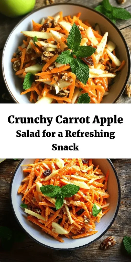 Looking for a refreshing and nutritious salad? Try this Crunchy Carrot Apple Delight! Made with grated carrots and tart apples, it's loaded with walnuts and raisins for added texture. Tossed in a zesty dressing of lemon juice, honey, and cinnamon, this salad is perfect for any occasion. Just mix, let it sit, and enjoy! Great as a side dish or light snack, it’s a delightful way to get your daily dose of veggies and fruits. Garnish with fresh mint for an extra touch!