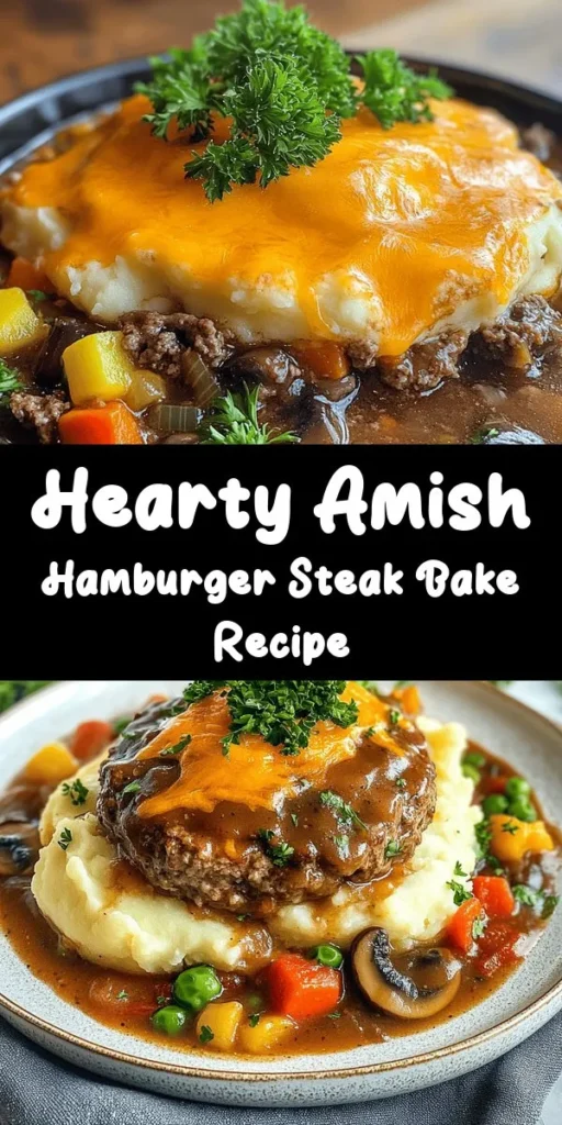 Savor the comfort of home-cooked goodness with this Amish Hamburger Steak Bake! This hearty dish features flavorful beef patties, sautéed mushrooms, and vibrant mixed vegetables, all topped with creamy mashed potatoes and gooey cheddar cheese. Perfect for family dinners, it's easy to make and will leave everyone satisfied. In just 50 minutes, you'll have a delicious meal to share. Don’t forget the fresh parsley for that finishing touch!