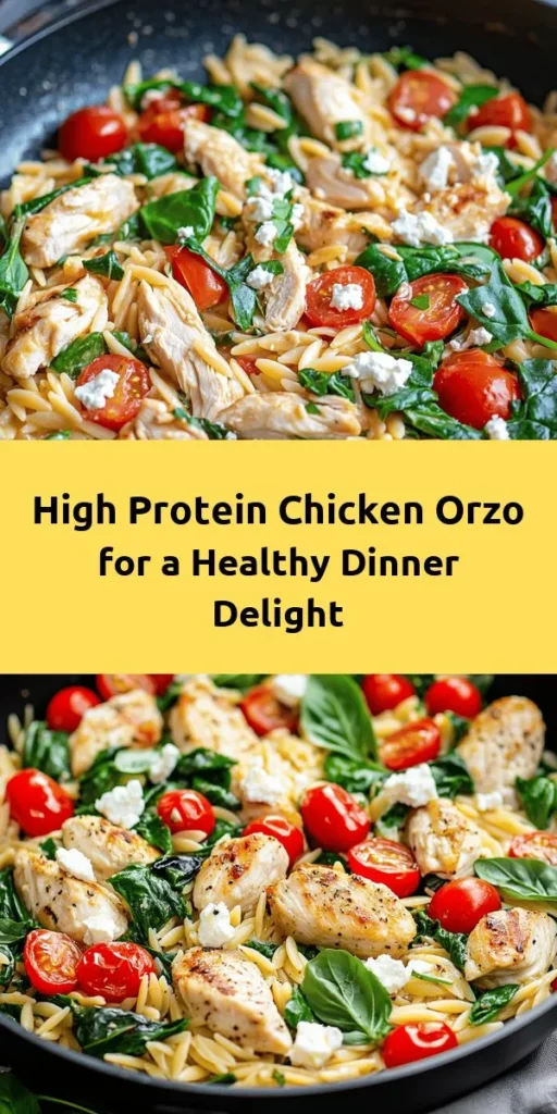 Elevate your dinner with this delicious High Protein Chicken Orzo recipe! Ready in just 30 minutes, it's packed with flavor and nutrients. Start by cooking diced chicken in a skillet, then add orzo and chicken broth for a hearty base. Toss in fresh spinach and juicy cherry tomatoes, finishing with creamy feta and Greek yogurt for an irresistible touch. Perfect for busy weeknights, this dish serves up 4 and is sure to impress! Enjoy a satisfying, protein-rich meal today!