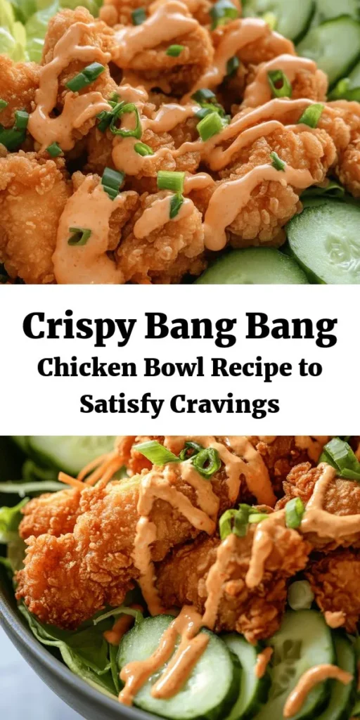 Elevate your mealtime with this delicious Bang Bang Chicken Bowl! Tender, crispy chicken is coated in a flavorful mix and paired with fresh veggies like shredded lettuce, cucumber, and carrots. The homemade Bang Bang sauce adds a creamy, spicy kick that brings the dish to life. Perfect for a weeknight dinner or meal prep! Quick to prepare and full of flavor, this bowl is sure to satisfy your cravings. Dive in and enjoy the crunch!