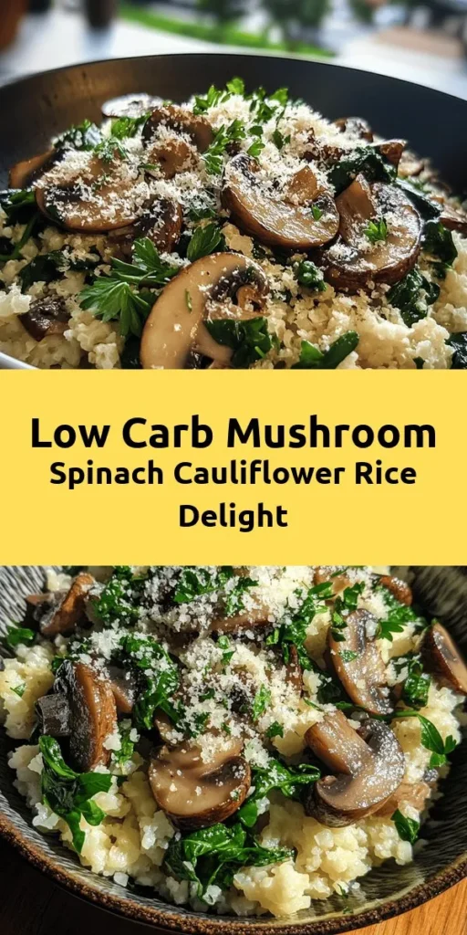 Discover a delicious low carb dish with this Mushroom & Spinach Cauliflower Rice recipe! Packed with fresh flavors from sautéed mushrooms, garlic, and spinach, this meal is not only healthy but quick to prepare in just 30 minutes. Perfect as a side or light main course, it's filled with nutritious ingredients and can be topped with grated Parmesan for extra flavor. Give your meal a gourmet touch while keeping it low carb! Enjoy!