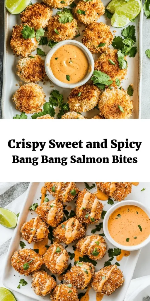Add some excitement to your dinner with these crispy Bang Bang Salmon Bites! Featuring golden, bite-sized pieces of salmon coated in crunchy panko breadcrumbs, they're perfectly paired with a tangy sweet and spicy sauce. This easy recipe takes just 30 minutes and is sure to impress your guests. Serve with fresh lime and cilantro for an extra burst of flavor. Perfect as an appetizer or a fun main dish! Dive into this deliciousness today!
