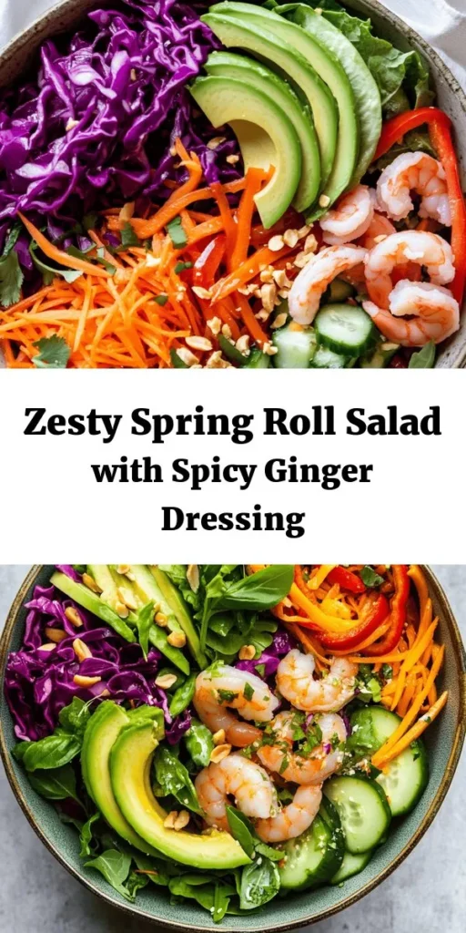 Brighten up your meal with this Fresh & Flavorful Spring Roll Salad topped with a Spicy Ginger Dressing! Packed with vibrant veggies like mixed greens, grated carrots, and bell peppers, it's a healthy treat that you can customize with shrimp or tofu. Drizzle on a zesty dressing made from fresh ginger, soy sauce, and just the right amount of spice. Perfect for a light lunch or as a side dish. Enjoy the crunch of avocado and roasted peanuts for added texture!