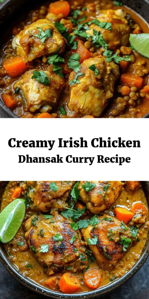 Indulge in the warmth of this Hearty Irish Chicken Dhansak Curry, bringing together the rich flavors of tender chicken, creamy coconut milk, and hearty lentils. This comforting dish features spices like turmeric and garam masala, with a delightful mix of carrots and butternut squash for added sweetness and texture. Perfect for a family dinner, it's easy to make and sure to impress! Garnish with fresh coriander and a squeeze of lime for the ultimate flavor boost. Enjoy!