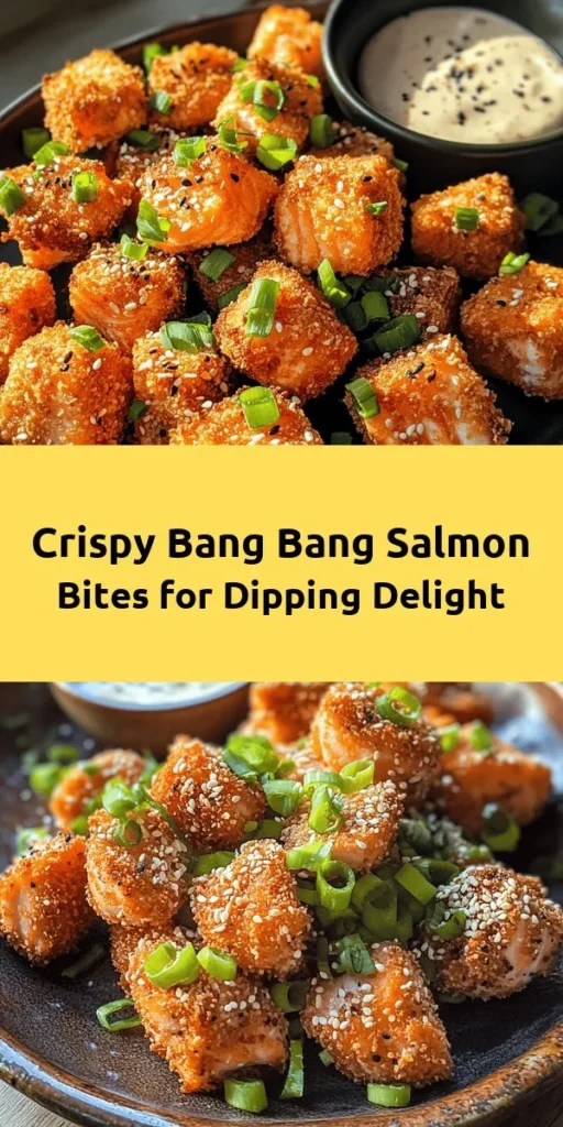 Indulge in these Crispy Bang Bang Salmon Bites for a delicious twist on your seafood favorites! With tender salmon coated in a crunchy panko breadcrumb layer, these bites are perfect for appetizers or snacks. Paired with a spicy-sweet Bang Bang sauce, they’re sure to impress at any gathering. Easy to make in just 30 minutes, this recipe is a must-try for salmon lovers. Garnish with green onions and sesame seeds for that final touch!