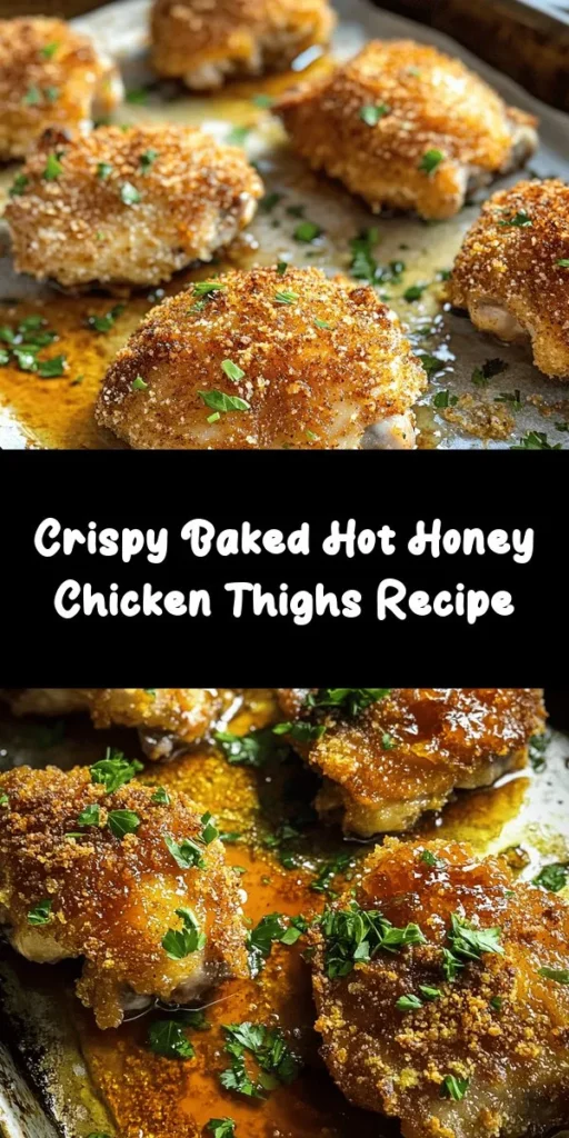 Looking for a mouthwatering dinner idea? Try this Baked Crunchy Hot Honey Chicken! Made with juicy, tender chicken thighs marinated in buttermilk and coated in a crispy mixture of flour and panko breadcrumbs, it's baked to perfection for a healthier twist on fried chicken. Drizzle on some hot honey for a sweet and spicy kick. Serve it with coleslaw or your favorite dipping sauce for a delicious meal that will impress everyone at your table!