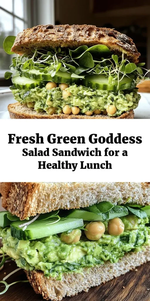 Looking for a fresh and healthy meal? Try this Green Goddess Salad Sandwich! Packed with protein-rich chickpeas, creamy avocado, and vibrant herbs, this delightful sandwich is a perfect lunch option. Ready in just 15 minutes, it combines crunchy veggies and whole grain bread for a satisfying bite. Top with baby spinach or arugula for extra greens and enjoy it at home or on the go. Don’t forget to garnish with sprouts for an added crunch!