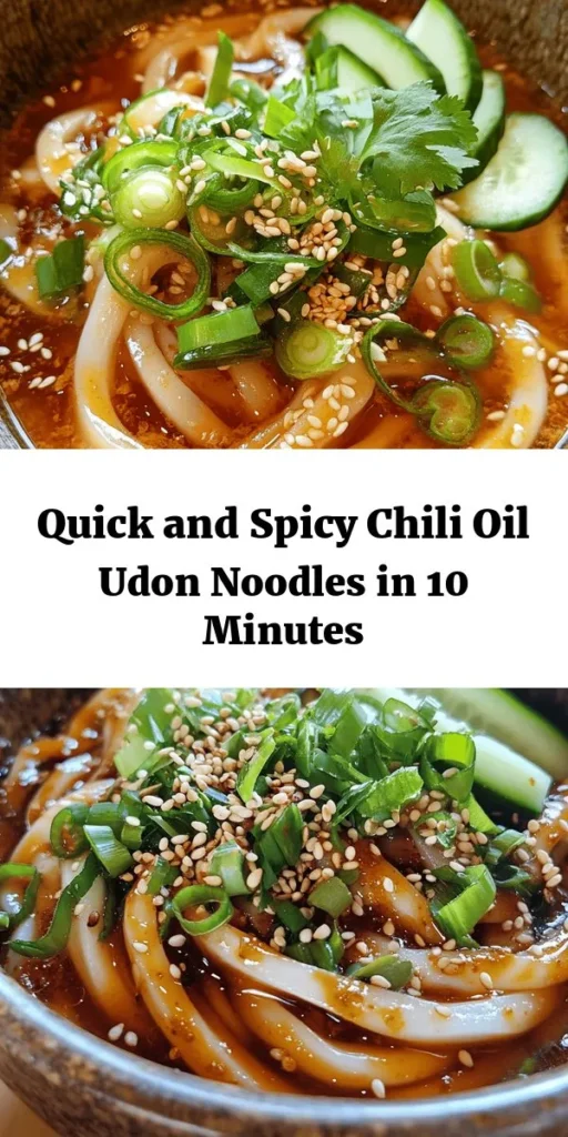 Spice up your dinner with these easy 10-Minute Chili Oil Udon Noodles! This quick recipe combines al dente udon noodles with a zesty sauce made from chili oil, soy sauce, rice vinegar, garlic, and ginger. Toss in some green onions and sesame seeds for crunch, and customize with your favorite toppings like cucumber, cilantro, or a poached egg. Perfect for a weeknight meal that's full of flavor and takes just a few minutes to prepare! Enjoy the deliciousness!