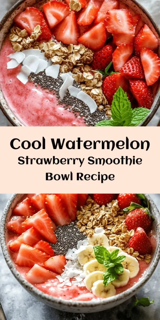 Cool down with this refreshing Watermelon and Strawberry Smoothie Bowl! Made with frozen watermelon, strawberries, and banana, this creamy treat is packed with flavor. Blend ingredients with coconut water or almond milk for a perfect texture, then top with your favorites like fresh fruit, granola, and mint. It's a simple, nutritious snack or breakfast ready in just 10 minutes. Dive into summer with every delicious spoonful!