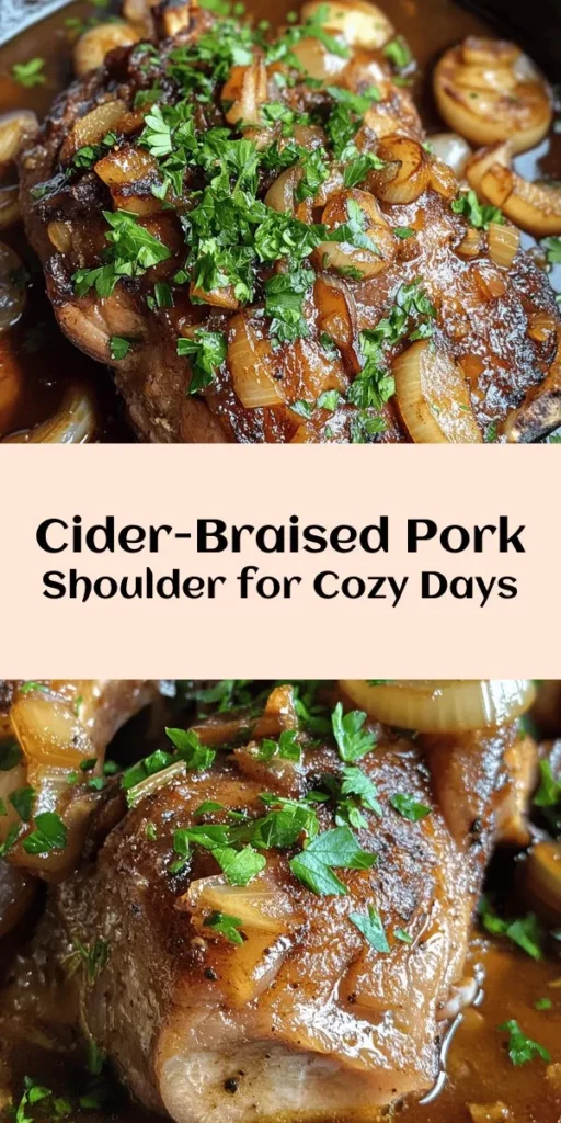 Indulge in the mouthwatering flavors of Apple Cider Braised Pork Shoulder! This easy recipe combines tender, juicy pork with a rich apple cider and spice-infused sauce that's perfect for family gatherings or a cozy dinner. Simply brown the pork, sauté onions and garlic, then let it braise slowly in the oven. Serve it up with your favorite sides for a satisfying meal. Perfect for autumn feasts! Get ready to impress with this delicious dish.