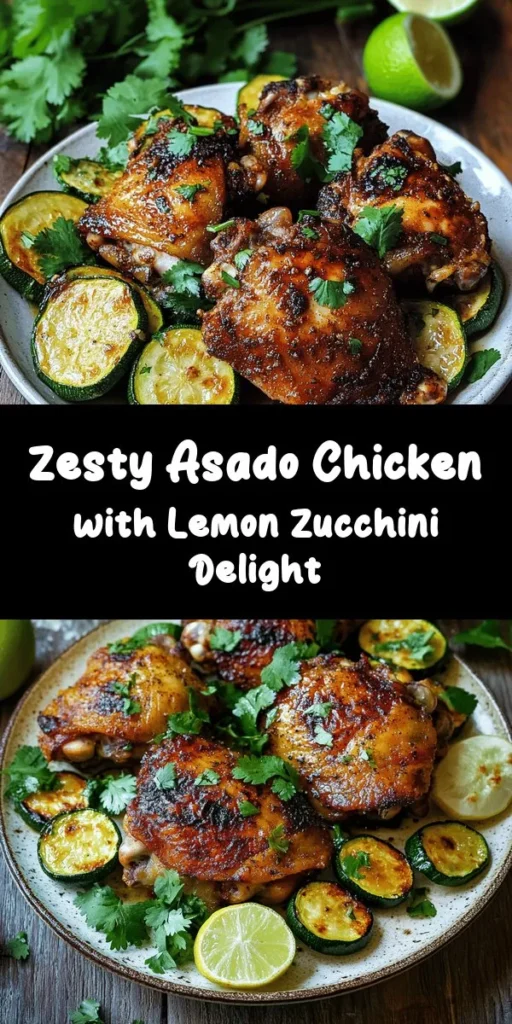 Discover the vibrant flavors of Zesty Asado Chicken paired with Sautéed Lemon Zucchini! This delicious recipe features marinated chicken thighs bursting with spices like smoked paprika and lime, grilled to perfection. On the side, enjoy tender zucchini sautéed with garlic, lemon juice, and zest for a refreshing twist. Perfect for a weeknight dinner or a weekend feast, this dish is sure to impress! Get ready to savor every bite!