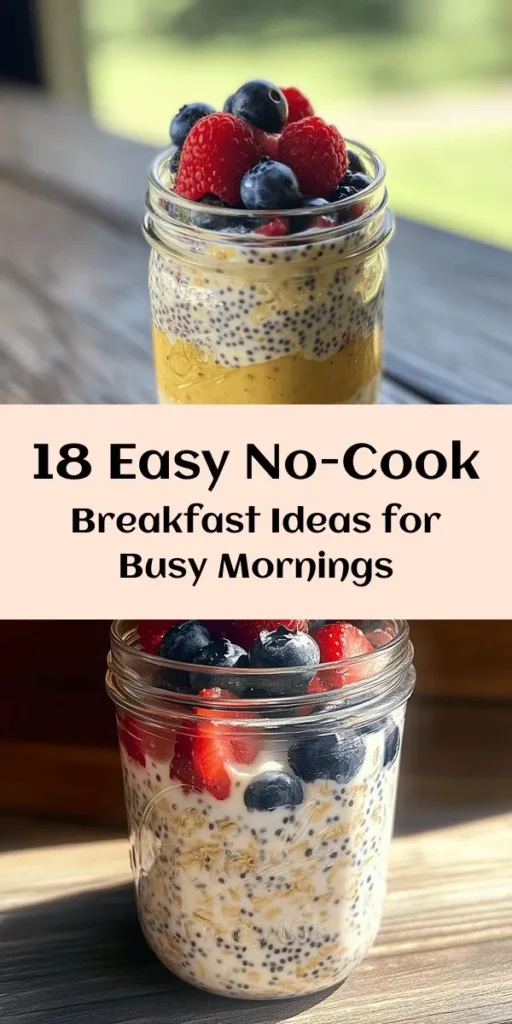 Start your day right with these 18 no-cook breakfast recipes! From Sunrise Overnight Oats to Tropical Yogurt Parfaits, each recipe is quick to prepare and packed with flavor. Enjoy healthy options like Nut Butter Banana Toast and Chia Seed Pudding that require minimal effort. Perfect for busy mornings, these delicious meals are customizable and great for meal prep. Discover easy, nutritious meals that will fuel your day!