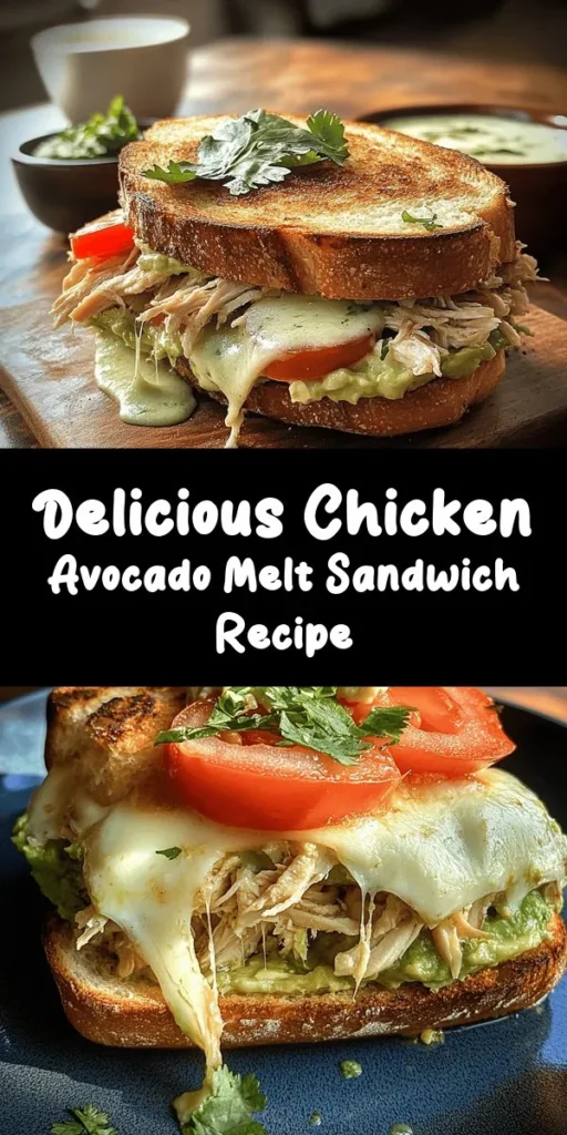 Savor the flavors of this delicious Chicken Avocado Melt Sandwich! Packed with shredded chicken, creamy avocado, and Greek yogurt, it’s a perfect blend of nutrition and taste. Grilled to perfection with melted cheese and fresh tomato, this easy sandwich is ready in just 30 minutes. Perfect for lunch or a light dinner, it's sure to become a favorite. Gather your ingredients and indulge in this scrumptious meal today!